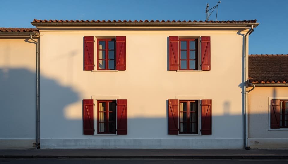 Façade de style basque : murs blancs à la chaux et volets rouge sang de bœuf sous la lumière du soir
